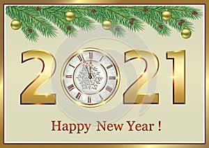Merry Christmas 2021. Holiday banner, Christmas background with golden date 2021 and clock decorated fir branches and balls